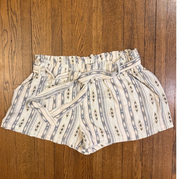 Rewash Pants - Rewash Tribal Print Paperbag Waist Shorts XL Cream Blue Rayon Boho Tie Belt